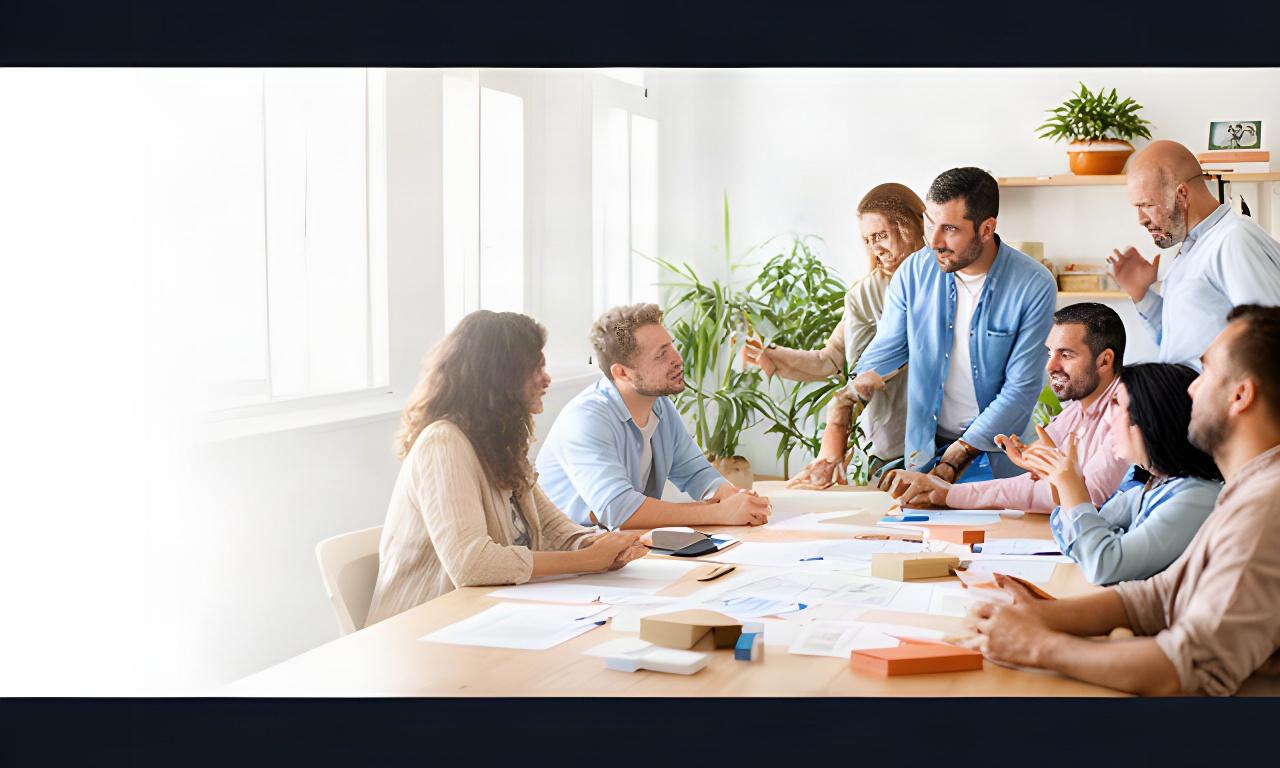 Equipo de una pyme andaluza reunido alrededor de una mesa revisando funciones y objetivos en una oficina luminosa