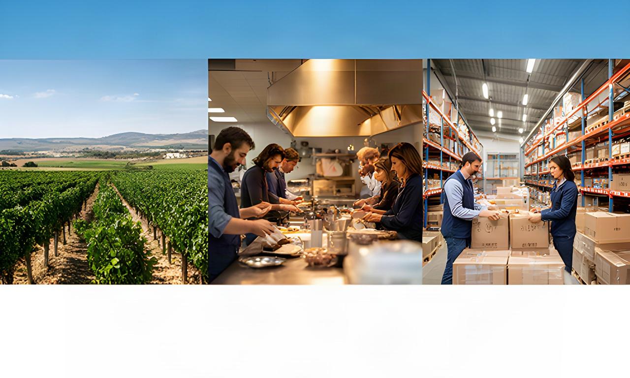 Equipo diverso trabajando entre un viñedo, una cocina profesional y un almacén de Lebrija