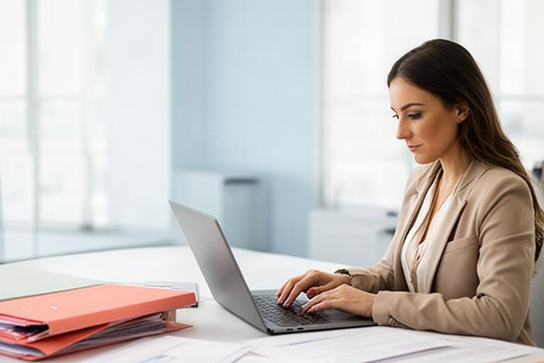 Administrativa revisando documentos digitales en una oficina luminosa de Sevilla