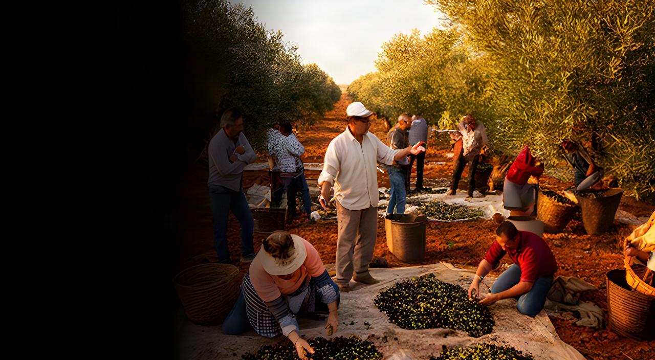 Cuadrilla agrícola recogiendo aceituna en un olivar andaluz al amanecer, con capataz coordinando la campaña