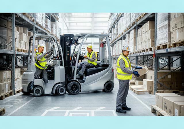 Operarios con equipos de protección trabajando junto a carretillas en un almacén industrial de Sevilla
