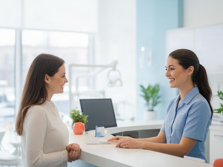 Recepcionista sonriente atendiendo a una paciente en la recepción luminosa de una clínica dental