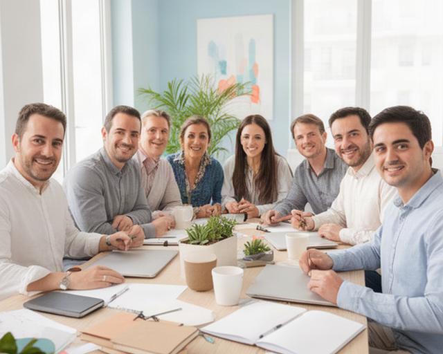 Equipo de consultores reunido en una oficina luminosa de Lebrija junto a una mesa de trabajo