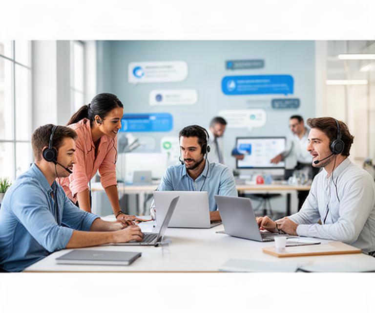 Equipo de atención digital trabajando con chats, redes sociales y paneles de analítica en una oficina luminosa de Sevilla